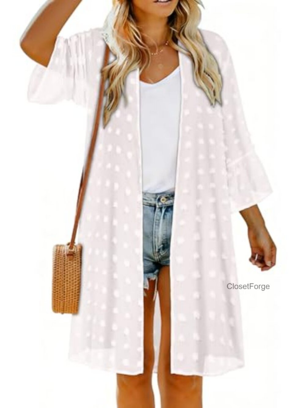 Women Chiffon Kimono Beach Cover Up Puff Sleeve Cardigan Swimwear